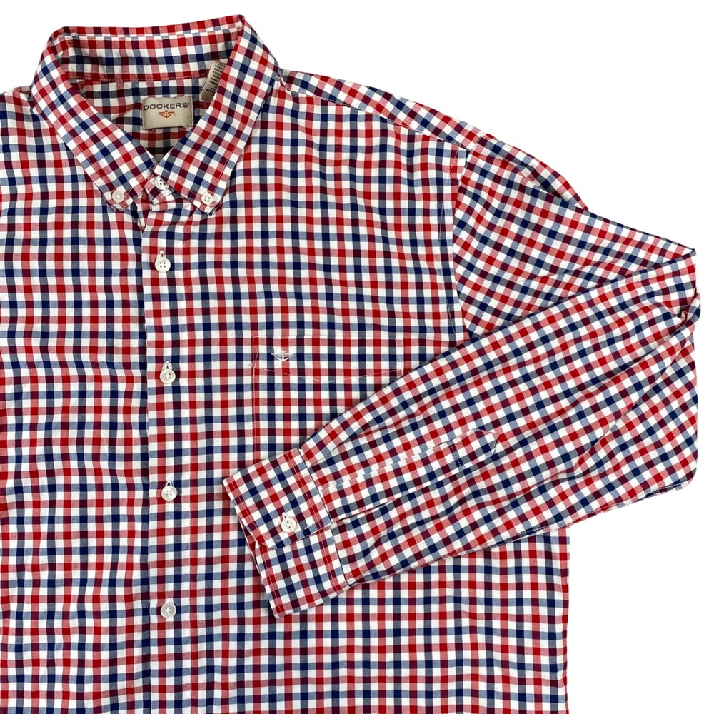 Dockers Mens XL Y2K Red White Blue Gingham Plaid Button Down Shirt